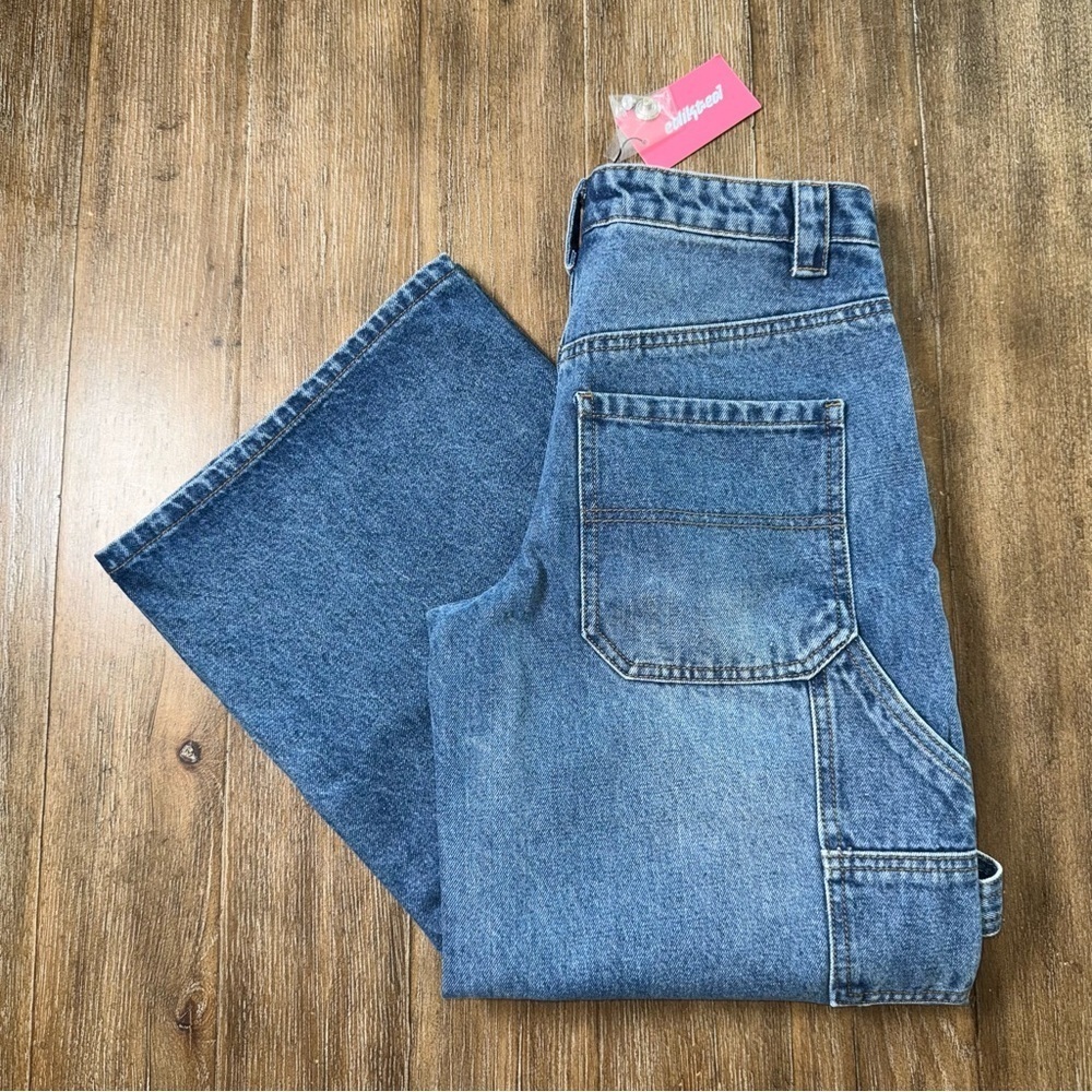 Edikted Baggy Mid Rise Wide Leg Carpenter Cago Jeans blue Pant 90s y2k - Picture 6 of 15